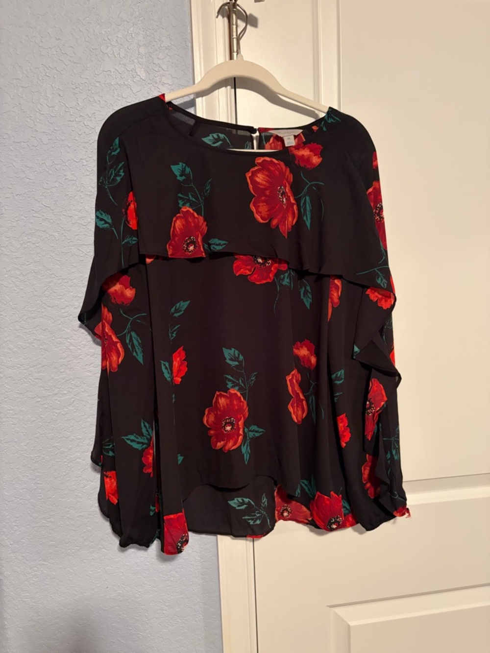 Black Floral Ruffle-Sleeve Blouse - Red Floral (Re-List - See Notes!)